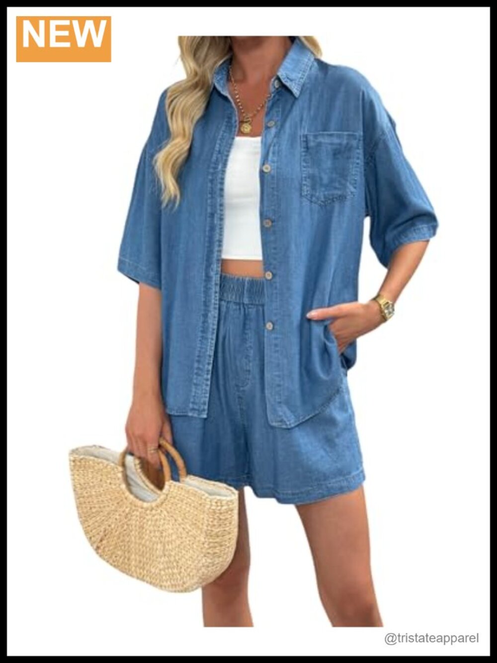 Women's Denim 2 Piece Shorts Set Button Down Shirt Casual Summer Outfit